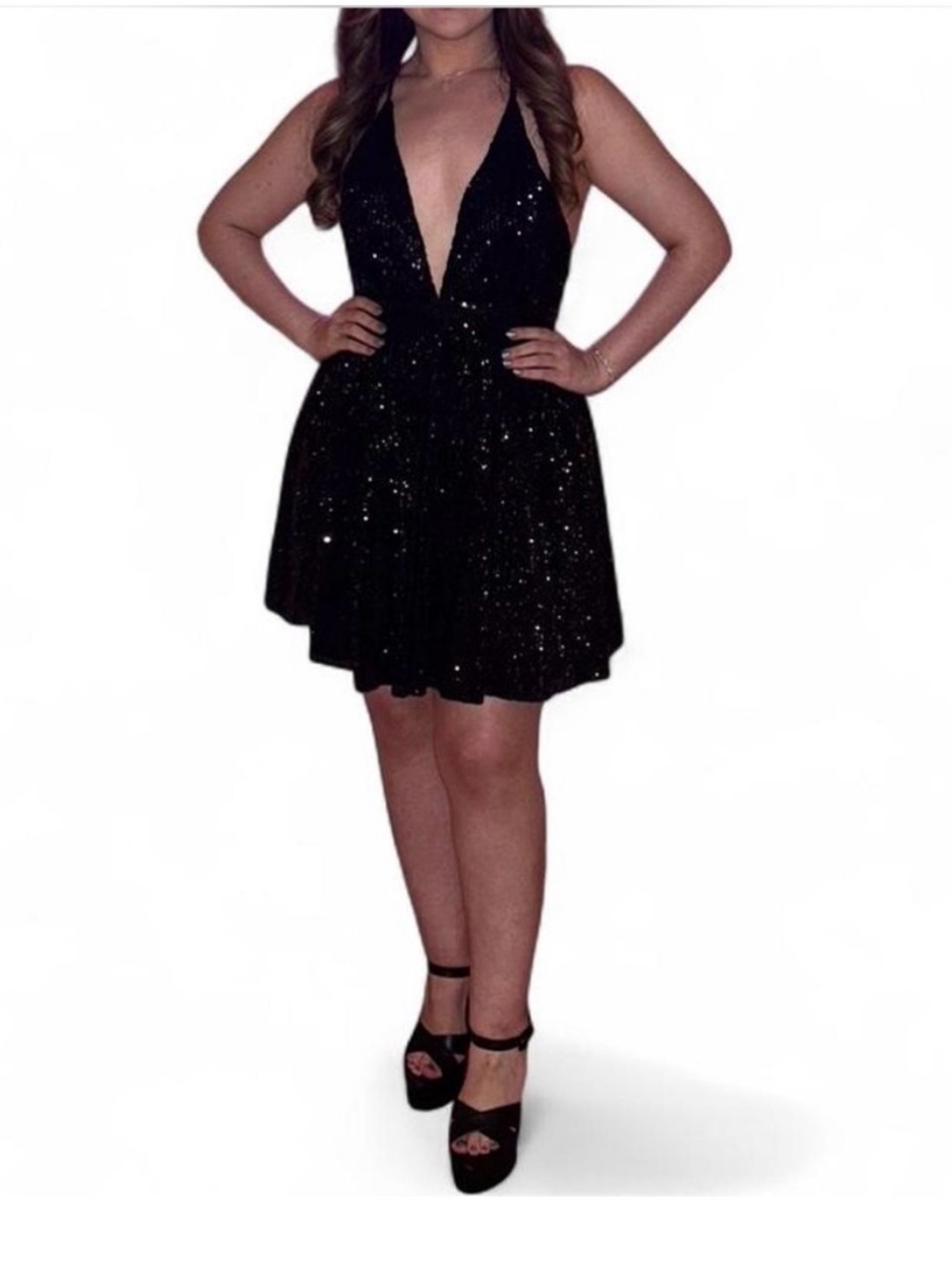 Luxxel Black Sequin Plunge Halter Mini Dress